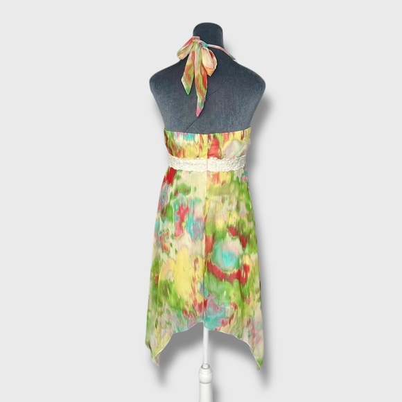 Fairycore mini asymmetrical chiffon lace empire waist babydoll halter dress M - Picture 3 of 8